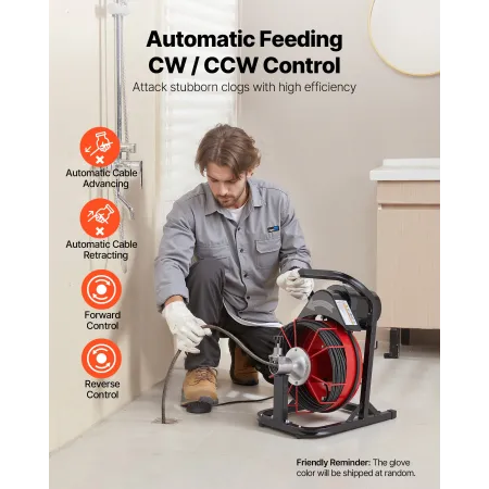 VEVOR Drain Cleaner Machine 15m x 8mm, Auto Feed Sewer Snake Auger with 4 Cutters & Air-activated Foot Switch for 50mm to 100mm 