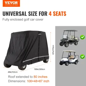 VEVOR 2+2 Passenger Golf Cart Cover, 600D Polyester Full Cover, Suitable for 2+2 Seats Golf Carts, Waterproof, Sunproof, and Dus