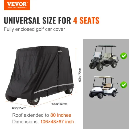 VEVOR 2+2 Passenger Golf Cart Cover, 600D Polyester Full Cover, Suitable for 2+2 Seats Golf Carts, Waterproof, Sunproof, and Dus