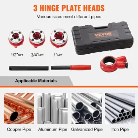 Ratchet Pipe Threader Kit, 1/2" NPT, 3/4" NPT, 1" NPT Manual Ratcheting Pipe Threader, Portable Pipe Threading Tool Set with 3PC