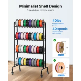 VEVOR 3D Printer Filament Storage Rack, 4 Tier Heavy Duty Storage Shelf, Rolling Filament Spool Holders Racks with Wheels, Filam