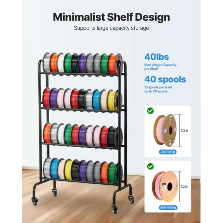 VEVOR 3D Printer Filament Storage Rack, 4 Tier Heavy Duty Storage Shelf, Rolling Filament Spool Holders Racks with Wheels, Filam