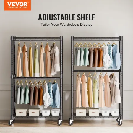 Heavy Duty Clothes Rack, Double Hanging Rods Clothing Garment Rack with Bottom and Top Storage Tier, Rolling Clothing Rack for H