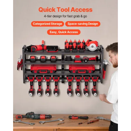 Power Tool Organizer Wall Mount, 4-Layer Storage Rack with 8 Drill Holders, Tools Holder and Storage Rack with Screwdriver Holde