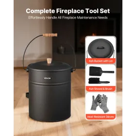 VEVOR Ash Bucket, 4 PCS with Lid, Shovel, Broom and Gloves, Metal Fireplace Charcoal Bucket and Ash Can, 15L Large Capacity for 