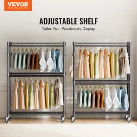 Heavy Duty Clothes Rack, Rolling Clothing Garment Rack with 3 Storage Tiers, 2 Rods and 2 Pairs Side Hooks, Adjustable Height