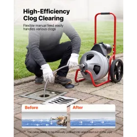 VEVOR Drain Cleaner Machine 22m x 9.5mm, Sewer Snake Auger Manual Feed on Wheels, Portable Drain Cleaning Machine with 6 Cutters