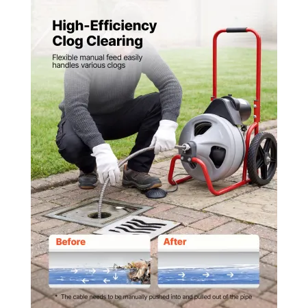 VEVOR afløbsrensermaskine 22m x 9,5mm, kloak slangesnegl manuel fremføring på hjul, bærbar afløbsrensemaskine med 6 fræsere