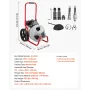 Drain Cleaner Machine 22m x 9.5mm, Sewer Snake Auger Manual Feed on Wheels, Portable Drain Cleaning Machine with 6 Cutters & Air