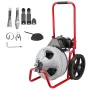 Drain Cleaner Machine 22m x 9.5mm, Sewer Snake Auger Manual Feed on Wheels, Portable Drain Cleaning Machine with 6 Cutters & Air