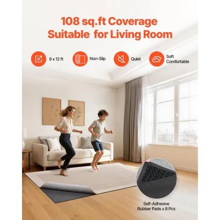 VEVOR tæppepude 2,74 x 3,66 m, skridsikker tæppeområde, tæppemåttepolstring med dobbelt overflade filtpude og gummigriber,