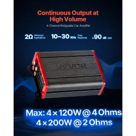 VEVOR Car Audio Amplifier, 4-Channel Bridgeable Car Amplifier, Multichannel Class D Stereo Amp, Max. 4 x 120W at 4 Ohms / 4 x 20