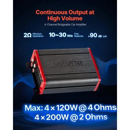 VEVOR bilstereoforstærker, 4-kanals brobar bilforstærker, multikanal klasse D stereoforstærker, maks. 4 x 120W ved 4 ohm / 4 x
