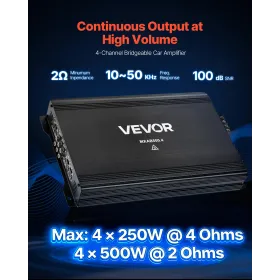 Car Audio Amplifier, 4-Channel Bridgeable Car Amplifier, Multichannel Class AB Stereo Amp, Max. 4 x 250W at 4 Ohms / 4 x 500W at