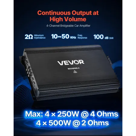 VEVOR Car Audio Amplifier, 4-Channel Bridgeable Car Amplifier, Multichannel Class AB Stereo Amp, Max. 4 x 250W at 4 Ohms / 4 x 5