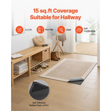 Rug Pad 0.91 x 1.52 m, Non-slip Carpet Area Pad, Rug Mat Padding with Dual Surface Felt Cushion & Rubber Gripper, Hardwood Floor