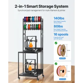 VEVOR 3D Printer Filament Storage Rack, 4-Tier 3D Printer Stand with Filament Storage, Spools Holder Racks Cart with Wheels, Fil