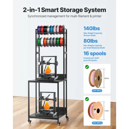 VEVOR 3D Printer Filament Storage Rack, 4-Tier 3D Printer Stand with Filament Storage, Spools Holder Racks Cart with Wheels, Fil