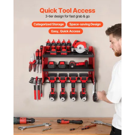 VEVOR Power Tool Organizer Vægmontering, 3-lags opbevaringsstativ med 4 boreholdere, værktøjsholder og opbevaringsstativ med