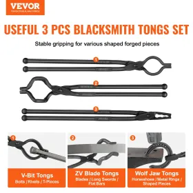 VEVOR Blacksmith Tongs, 45.7 cm 3 PCS, V-Bit Bolt Tongs, Wolf Jaw Tongs and Z V-Bit Tongs, Carbon Steel Forge Tongs with A3 Stee