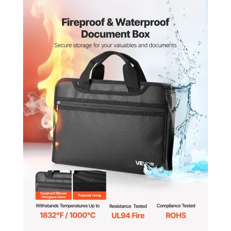 VEVOR Fireproof Document Bag, 1000 ℃ Heat Insulated Fireproof & Waterproof Bag, Portable Multi-Layer File Storage Security Organ