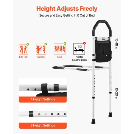 VEVOR Bed Rail for Elderly, Bedside Assist Rails with Supporting Leg and PU Handrail, Adjustable Height Carbon Steel Pipe Bedsid