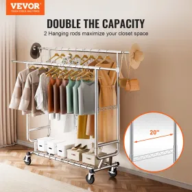 Heavy Duty Clothes Rack, Double Hanging Rod Clothing Garment Rack for Hanging Clothes, Adjustable Height and Extendable Length