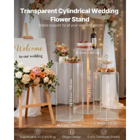 Wedding Flower Stand, 3PCS 60/75/90cm Round Cylinder Plinth, Clear Pedestal Stand with Transparent Acrylic Lid, Cylindrical Pede