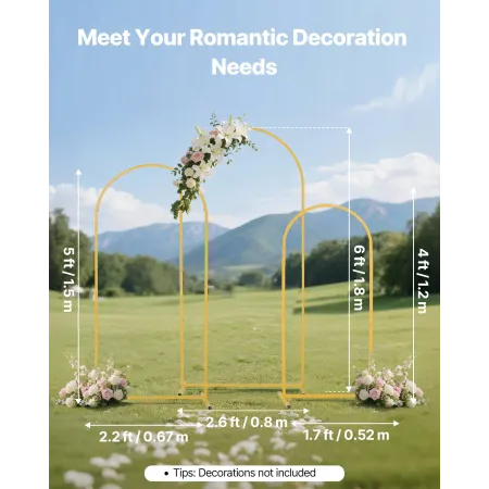 VEVOR Arch Backdrop Stand, Set of 3, 1.8/1.5/1.2 m, Stable Structure, Easy Assembly, Gold Metal Arch Backdrop Stand for Wedding,