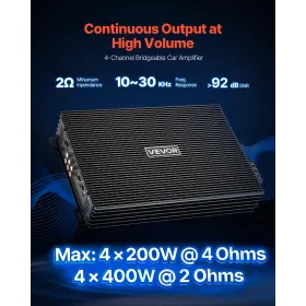 VEVOR Car Audio Amplifier, 4-Channel Bridgeable Car Amplifier, Multichannel Class AB Stereo Amp, Max. 4 x 200W at 4 Ohms / 4 x 4