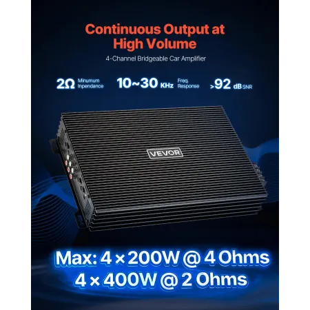 Car Audio Amplifier, 4-Channel Bridgeable Car Amplifier, Multichannel Class AB Stereo Amp, Max. 4 x 200W at 4 Ohms / 4 x 400W at