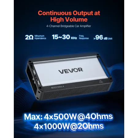 VEVOR Car Audio Amplifier, 4-Channel Bridgeable Car Amplifier, Multichannel Class D Stereo Amp, Max. 4 x 500W at 4 Ohms / 4 x 10