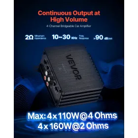 VEVOR Car Audio Amplifier, 4-Channel Bridgeable Car Amplifier, Multichannel Class D Stereo Amp, Max. 4 x 110W at 4 Ohms / 4 x 16