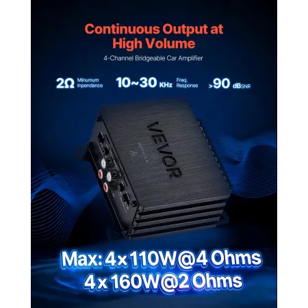 Car Audio Amplifier, 4-Channel Bridgeable Car Amplifier, Multichannel Class D Stereo Amp, Max. 4 x 110W at 4 Ohms / 4 x 160W at 