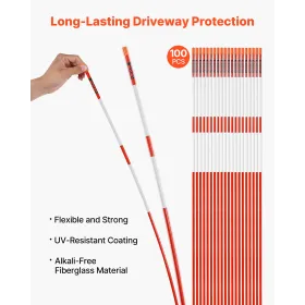 Driveway Markers, 100Pcs 183cm Long 7.87mm Dia, Hi-Visibility Driveway Reflectors with 12 in Steel Drill Bits, Reflective Snow S