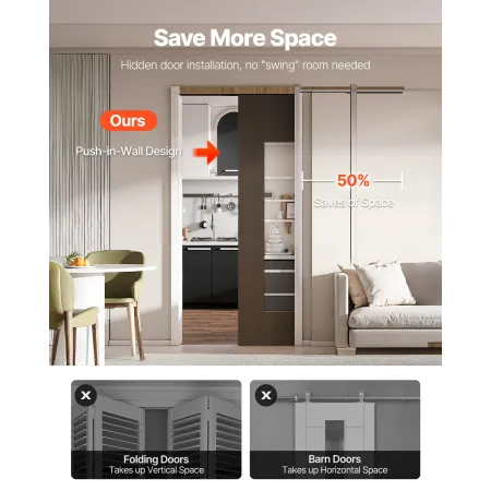 VEVOR Pocket Door Frame Kit, til 610-914 mm bred 2134 mm høj dør, Pocket Door Kit med to-vejs blød lukkemekanisme, glide glat