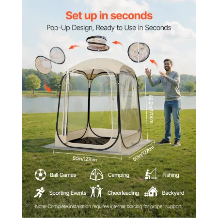 Pop up Sports Tent, 1.27x1.27 m Clear Bubble Tent for 1 Person, Waterproof Outdoor Pod with Floor Mat & Top Cover, Garden Igloo 