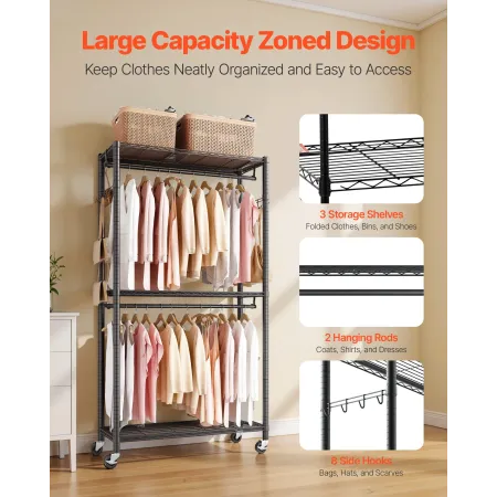 VEVOR Rolling Clothes Rack, Heavy Duty Clothing Garment Rack, 3 Adjustable Tiers Clothing Racks with Carbon Steel, 204 kg Load C