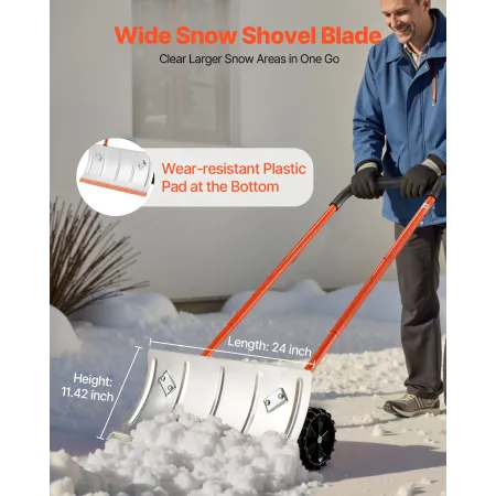 Snow Pusher Shovel with Wheels, 61 cm Wheeled Snowplow Shovel with Bi-Directional Angled Blade & 90 Degree Adjustable Handle, Me