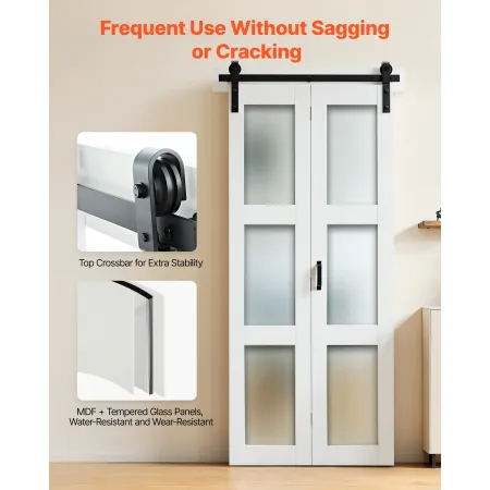 VEVOR Bifold Stalddør, 914 x 2134 mm, MDF med Hærdet Glas Bi-Fold Skydeskabsdøre, Hardwaresæt inkluderet, Pladsbesparende