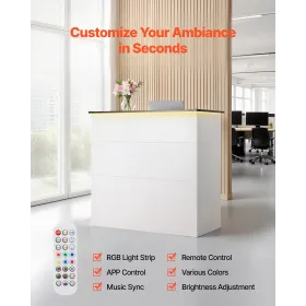 VEVOR Reception Desk, 127.5cm Rectangular Front Counter Table, Modern Office Reception Desk with Light Strip, 3 Drawers & Storag