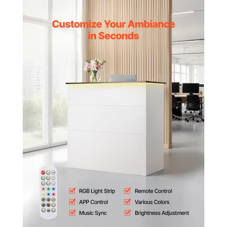 VEVOR Reception Desk, 127.5cm Rectangular Front Counter Table, Modern Office Reception Desk with Light Strip, 3 Drawers & Storag