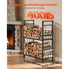 VEVOR Indoor Firewood Rack, 45.5cm 2-Tier Firewood Holder with Fireplace Tools, Brush, Shovel, Poker, Tongs, Heavy Duty Log Wood