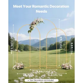 VEVOR Arch Backdrop Stand, Set of 3, 2.4/2.2/2 m, Stable Structure, Easy Assembly, Gold Metal Arch Backdrop Stand for Wedding, B