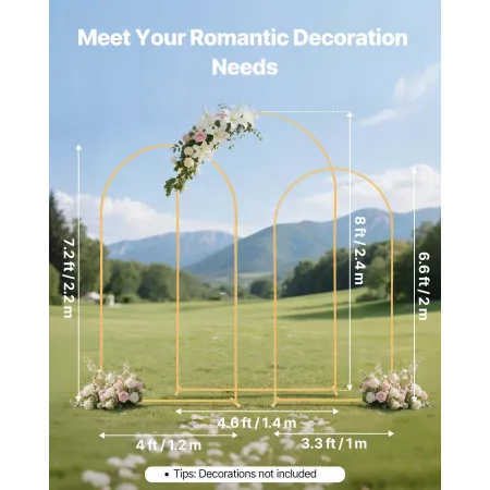VEVOR Arch Backdrop Stand, sæt på 3, 2,4/2,2/2 m, stabil struktur, nem montering, Gold Metal Arch Backdrop Stand til bryllup, B