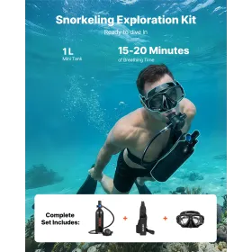Mini Scuba Tank, 1L Portable Diving Tank for Underwater Breathing, Reusable Lung Diving Cylinder up to 20 Minutes Dive Time, Eme