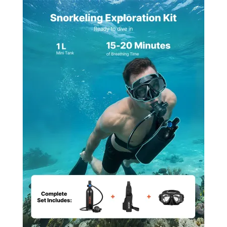 Mini Scuba Tank, 1L Portable Diving Tank for Underwater Breathing, Reusable Lung Diving Cylinder up to 20 Minutes Dive Time, Eme