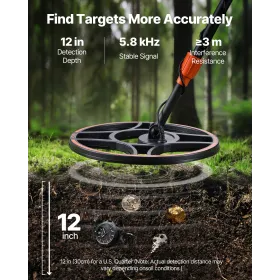 VEVOR metaldetektor til voksne, 304,8 mm, professionel gulddetektor med høj nøjagtighed, IP68 vandtæt søgespole med display, H