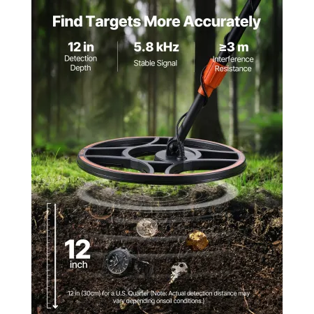 VEVOR Metal Detector for Adults, 304.8 mm, Professional High Accuracy Gold Detector, IP68 Waterproof Search Coil with Display, H