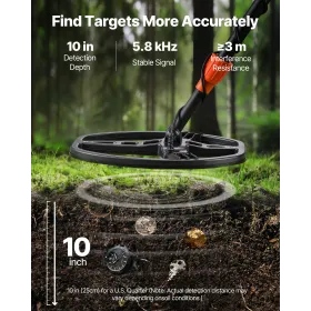 Metal Detector for Adults, 254 mm, Professional High Accuracy Gold Detector, IP68 Waterproof Search Coil with Display, Headphone